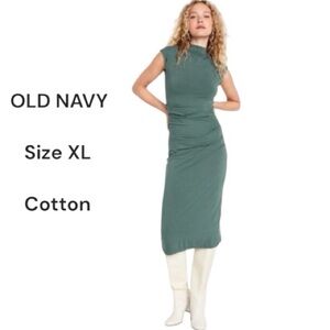 Old Navy Green Midi Dress Fitted Mock-Neck Cotton Size XL